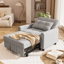 3 In 1 Adjustable Sleeper Sofa Chair Bed With Storage Pocket, Convertible Pull Out  Sleeper Bed , Adjustable Backrest ,Modern Soft Fabric Muebles Para Sala Furniture For Living Room ,BedroomApartment,Office,Grey - 淺灰色 - 查看 1