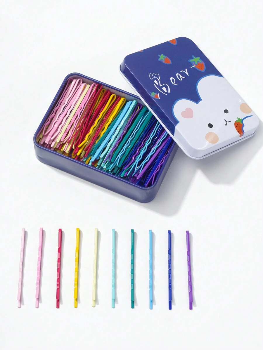 100pcs/Pack Girls' Minimalist Daily Wave Barrettes, Black Bear Design, Boxed - Multicolor - View 1