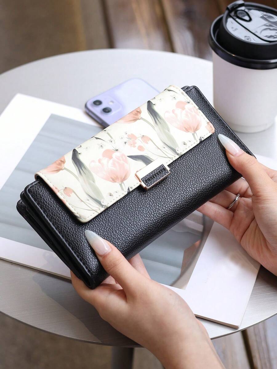 New Coffee Color Long Wallet, 2024 Autumn/Winter European And American Fashion Ink Painting Lemon High-Quality PU Leather Large Capacity Clutch Bag, Multi-Card Slots Folding Mobile Phone Wallet, Fashionable Niche Women Party Gift Luxury Card Holder Purse Multifunction Convenient