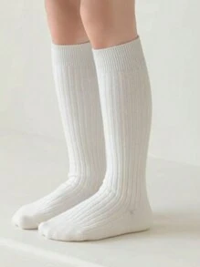 1 Pair Simple Solid Color Crew Socks For Children & Teenagers, Breathable Fall & Winter Design - White - View 5