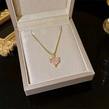 1pc Sparkling Pink Gemstone Pendant Necklace, Uniquely Feminine Valentine's Day Valentines School - Multicolor - View 4