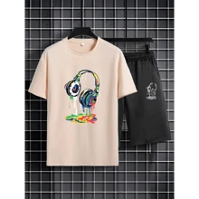 Set Of 2 Men's T-Shirts And Shorts With Print, Short Sleeves And Round Neck, Comfortable And Slightly Stretchy Casual Clothing, Men's Clothing - Màu be - Xem 1