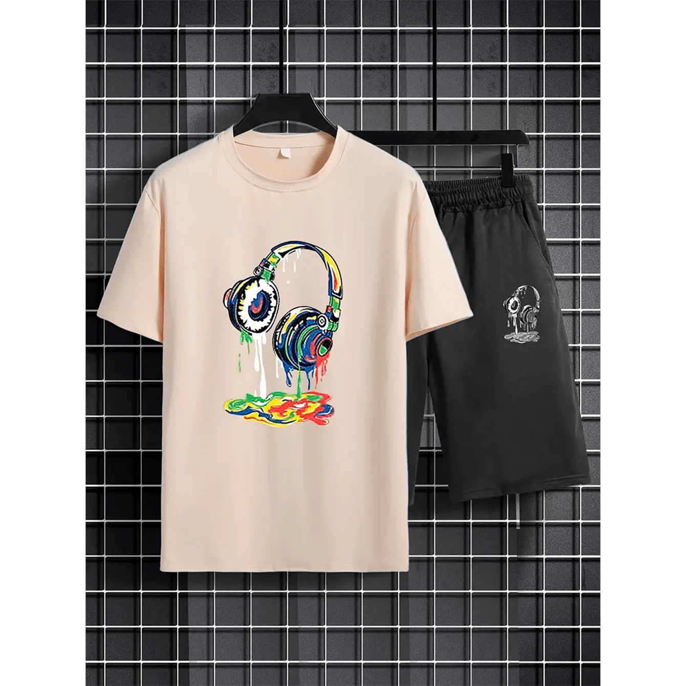 Set Of 2 Men's T-Shirts And Shorts With Print, Short Sleeves And Round Neck, Comfortable And Slightly Stretchy Casual Clothing, Men's Clothing - Màu be - Xem 1