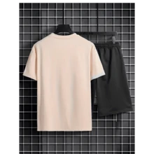 Set Of 2 Men's T-Shirts And Shorts With Print, Short Sleeves And Round Neck, Comfortable And Slightly Stretchy Casual Clothing, Men's Clothing - Màu be - Xem 2
