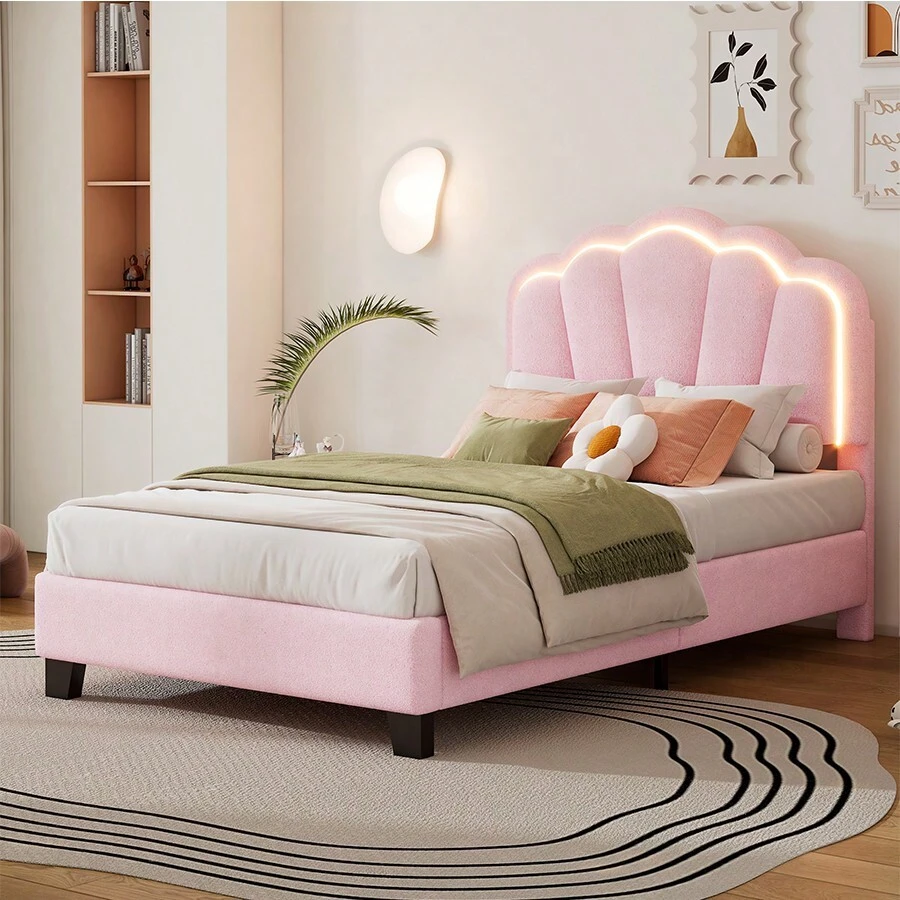 Anwick Full Size Upholstered Flower-Shape Bed, Elegant Flowers Headboard With LED Light Strip, Sherpa Fabric Platform Bed With Wooden Slats Support, - Pink - View 1
