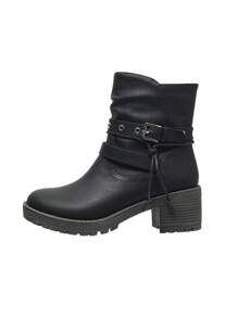 黑色拉链侧铆钉绑带不对称粗跟圆头优雅百搭秋冬时尚女靴，完美搭配毛衣和牛仔靴 - 黑色 - 查看 3