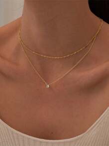 时尚 Ins 风格双层堆叠项链，金色波纹链和 O 形链锁骨链项链，单方晶锆石吊坠项链，简约百搭女士多层项链 - 兩條項鍊套裝 - 查看 1