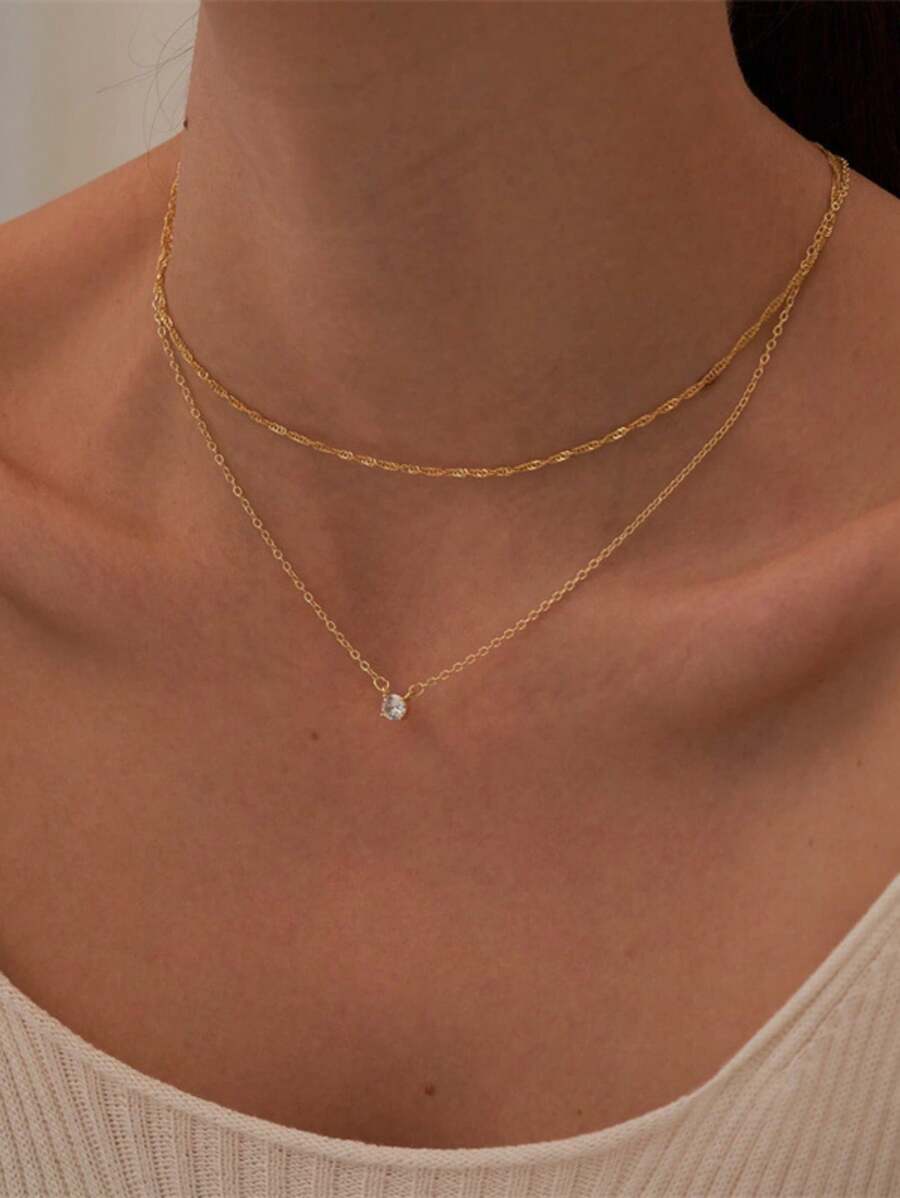 时尚 Ins 风格双层堆叠项链，金色波纹链和 O 形链锁骨链项链，单方晶锆石吊坠项链，简约百搭女士多层项链 - 兩條項鍊套裝 - 查看 1