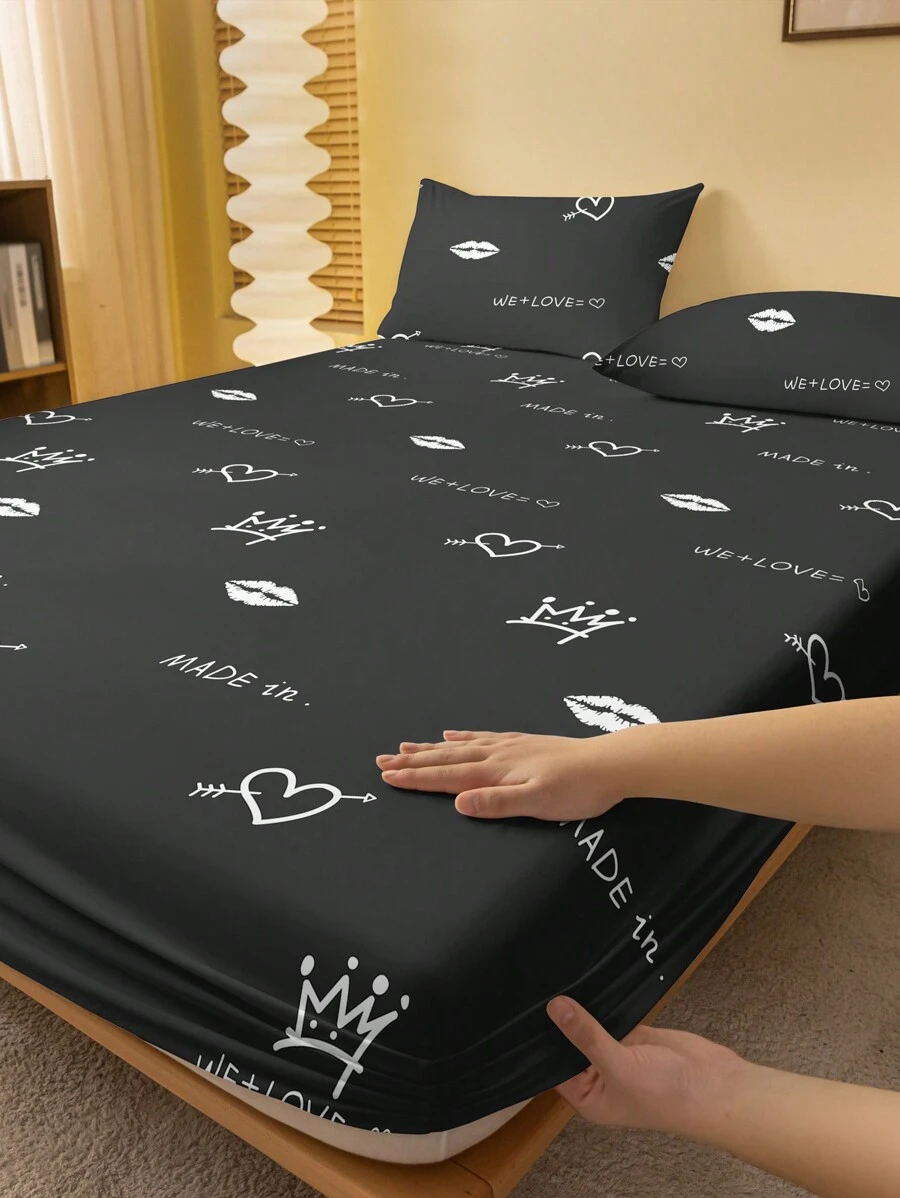 1 peça Lençol Ajustável Impresso com Coração de Seta Geométrico Minimalista e Moderno, Conjunto de Roupa de Cama Impressa para Quarto (Excluindo Fronha)