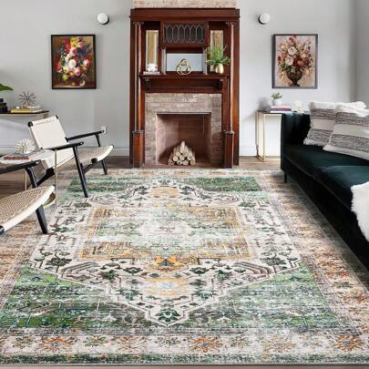 Large Size Washable Rug Vintage Printed Rug Foldable Indoor Rug Low Pile Soft Rug Stain Resistant Non-Slip Suitable For Living Room Bedroom Home Decor