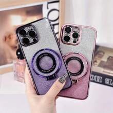 1pc Glitter Electroplated Perforated Gradient Magnetic Collapsible Phone Holder Case Compatible With Iphone 15 Pro Max, Compatible With Realme C55, Compatible With Honor 50 - Purple - View 2