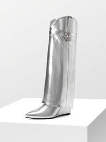 Women's Fold Over Pointed Toe Wedge Heels Knee High Boots  Fashion Padlock Buckle Party Gorgeous Style - Bạc - Xem 4