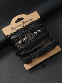 Set de 6 brazaletes trenzados con cuentas y diseño de árbol de la vida de PU vintage para hombre, adecuado para uso diario