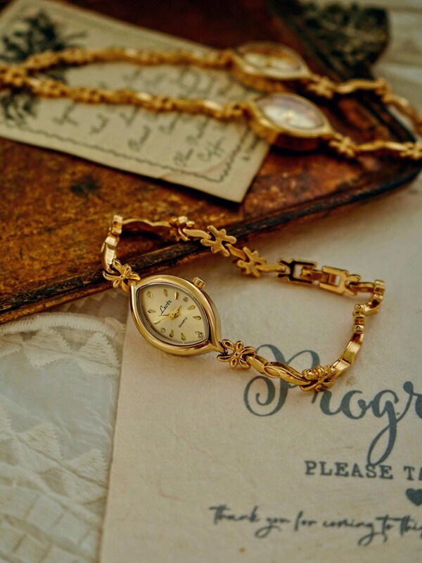 1pc New French Vintage Gold Small Dial Fashion Simple Elegant Luxury Petite Waterproof Women Quartz Watch, Suitable For Daily, Evening Party And Other Occasions