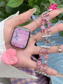 1pc Fashionable Rhinestone Apple Watchstrap Diamond Band, Women's Pink Metal Exquisite Love Pendant Beaded Bracelet With Rhinestones, Ruby Apple Watchband Bracelet With European And American Style, Heart-Shaped Pendant, Compatible With Apple WatchBand 40/41/42/44/45/38/49mm,Ultra2/1 Applies To AppleWatch Se Series 9/8/7/6/5/4/3/2/1series.Compatible With Apple Watch Bracelet.