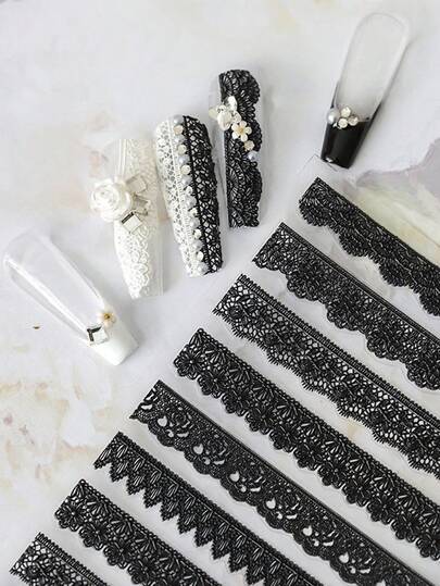 1pc French Fairy Black Lace Nail Art Sticker, Essential For Nail Technicians, 3D Embossed Craftsmanship, Delicate Lace Trim & 3D Floral Decor Nail Sticker Design, Self-Adhesive Nail Sticker Decoration, Reusable DIY Nail Sticker, Gift For Women, Nail Art Supplies, Elegant Accessory Gift