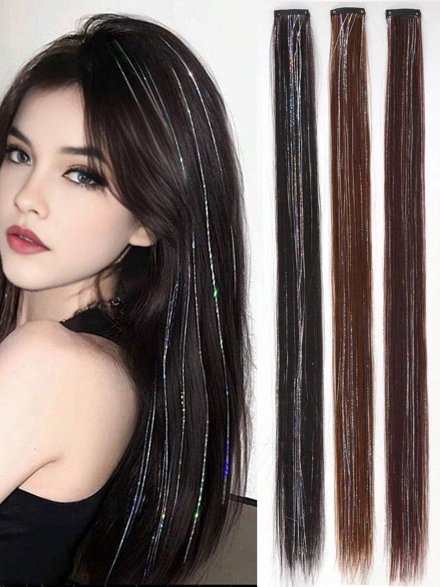 1 件彩色闪光接发 24 英寸超长直发闪亮，合成接发，彩色发片，适合女孩万圣节派对日常使用 - 彩色 - 查看 1