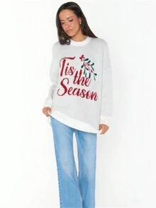 Áo len in chữ Slouchy dễ thương cho nữ, mùa đông 2023, kiểu dáng mới, áo chui đầu dệt kim dày ngoại cỡ thời trang - trắng - Xem 3