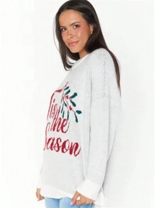 Áo len in chữ Slouchy dễ thương cho nữ, mùa đông 2023, kiểu dáng mới, áo chui đầu dệt kim dày ngoại cỡ thời trang - trắng - Xem 5