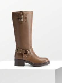 Women's Motorcycle Boots Side Zipper Knee High Boots Square Toe Chunky Low Heel Buckle Decorated Biker Fashion Stylish Riding Boots Festival Dresses For Woman - Màu nâu  Mocha - Xem 9