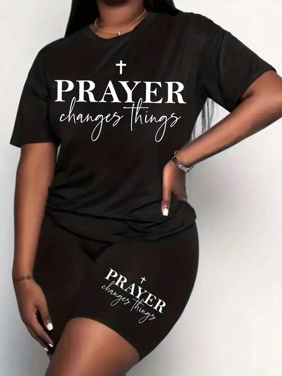 Plus Size Letter Print Two Pieces, Casual Short Sleeve T-Shirt & Biker Shorts Outfits, Women's Plus Size Clothing - 黑色 - 查看 1