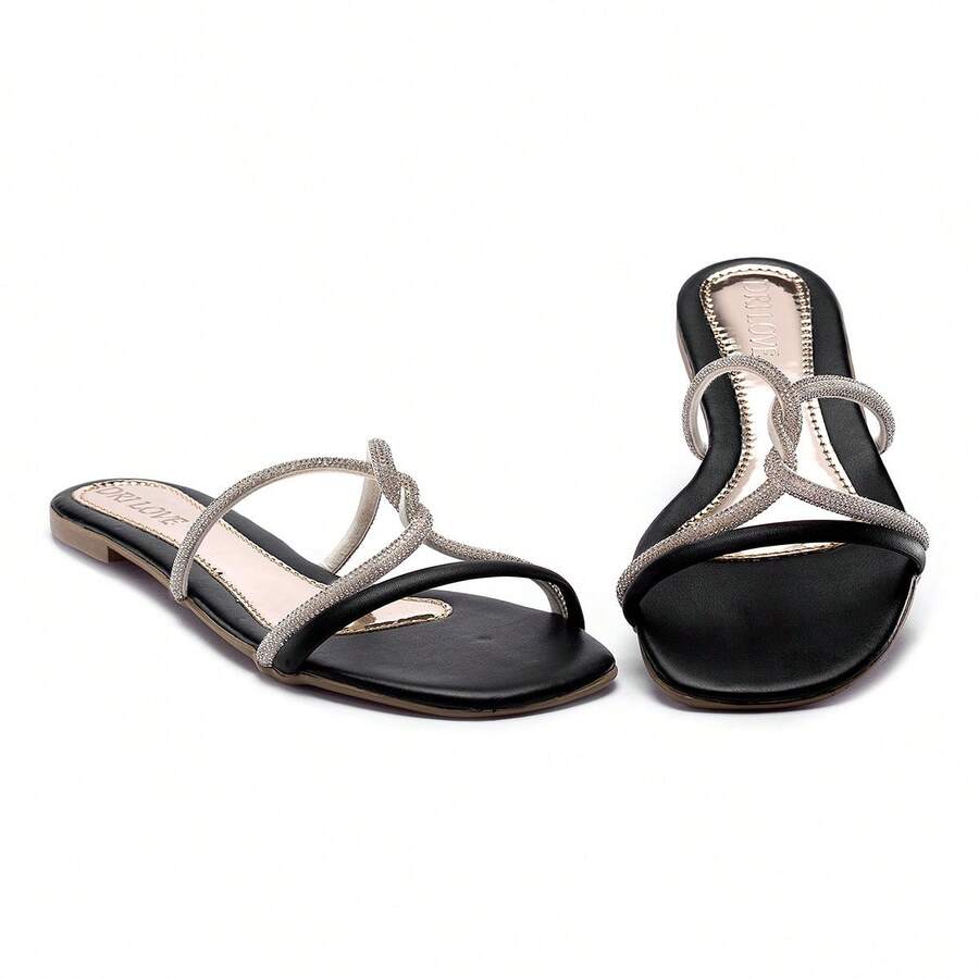 Sandália Feminina Rasteirinha Brilho Strass Dia a Dia Promoção Confortável Moda - Preto - Visão 1