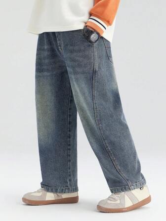 zosee 2024 New Autumn Boys Medium Wash Blue Denim Jeans, Retro Straight Leg Pants For Spring And Fall