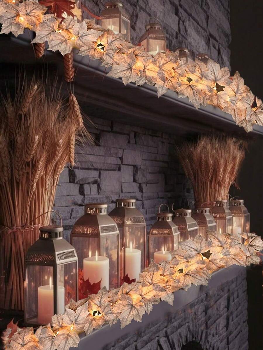 1 套秋季枫叶和藤蔓装饰，人造藤蔓花环，感恩节枫叶装饰，适用于壁炉、楼梯、农舍门、感恩节主题、圣诞节