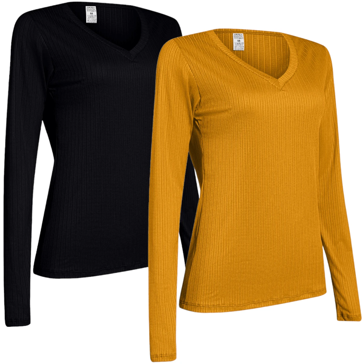 Kit 2 Women's V-Neck Ribbed Blouses With Elastane - 黑色,芥末黃 - 查看 1