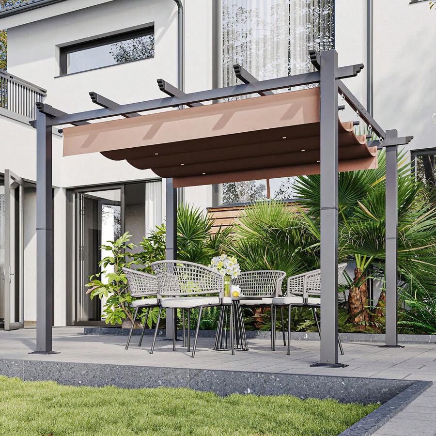AOXUN Pérgola retráctil de 10'*10', pérgola de aluminio para patio, pérgola moderna con toldo retráctil para jardines - Marrón - Ver 1