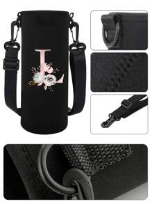 1个粉色花卉字母印花保温水瓶套，适用于550ml/750ml/1000ml/1500ml水瓶，采用防水尼龙材质，配有可调节束带，适合徒步旅行、露营和运动。 - 黑色 - 查看 7
