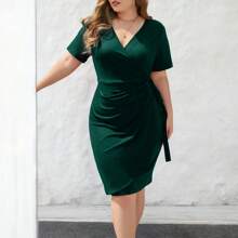 Womens Plus Size V Neck Short Sleeve Ruched Wrap Dress Cocktail Party Midi Dresses - 綠色 - 查看 1