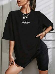 Oversized Women's Casual Shoulder T-Shirt 100% Cotton With Letter Elementals Fear Of Gold Printed - 黑色 - 查看 1