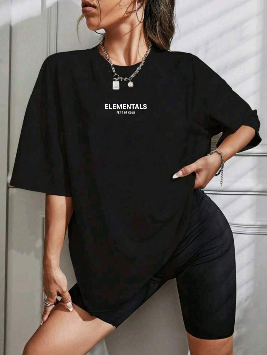 Oversized Women's Casual Shoulder T-Shirt 100% Cotton With Letter Elementals Fear Of Gold Printed - 黑色 - 查看 1
