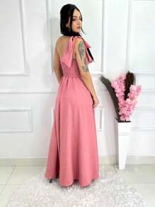Long Luxury Plain Duna Linen Dress With Bow One Shoulder - Rusty Rose - View 3