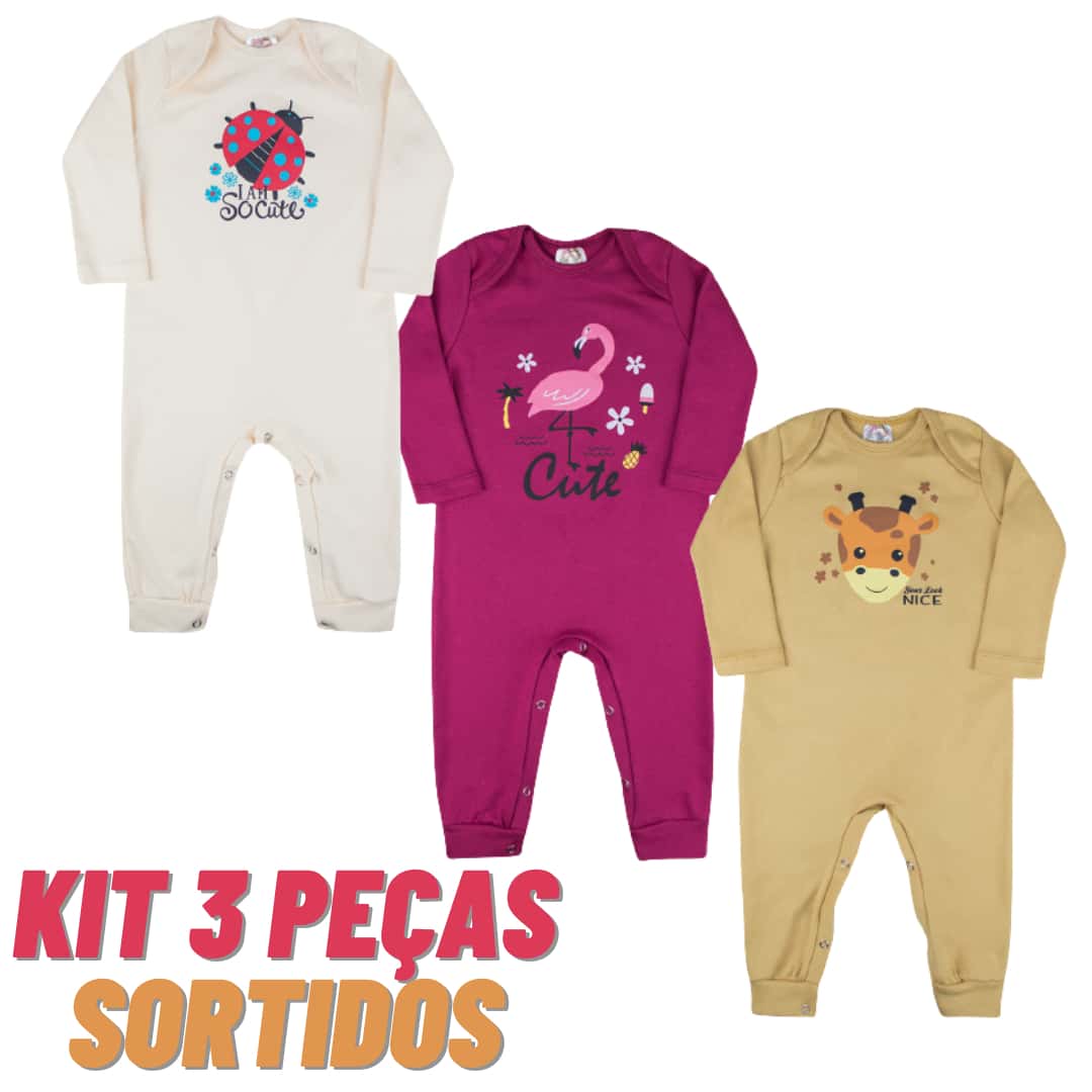 Kit 3 Baby Rompers Infant Cotton Long Sleeve Boy Or Girl - 彩色 - 查看 1