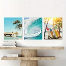 3pcs Framed Canvas Poster, Seaside Beach Surfboard Painting, Canvas Wall Art, Artwork Wall Art Gifts, Bedroom, Office, Living Room, Cafe, Bar, Wall Decoration, Home And Dorm Decoration Birthday Graduation Coastal Decor Coastal Decor Beach Decor