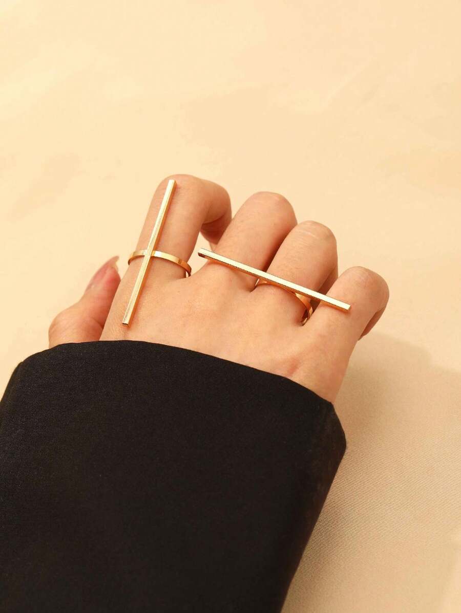 2pcs Fashionable Minimalist Geometric Line Decor Adjustable Open Ring, Suitable For Men And Women Daily Wear Jewelry Accessories - Yellow Gold - View 1