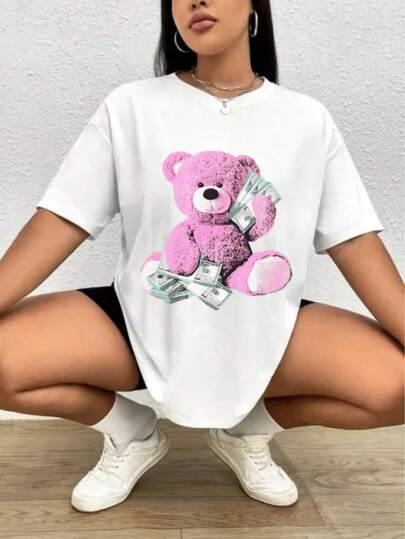 Camiseta Feminina Estampada Branca Casual em Poliéster