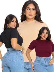 Kit 3 Women's Premium Ribbed Midi Collar T-Shirt - Lựa chọn 2 - Xem 1