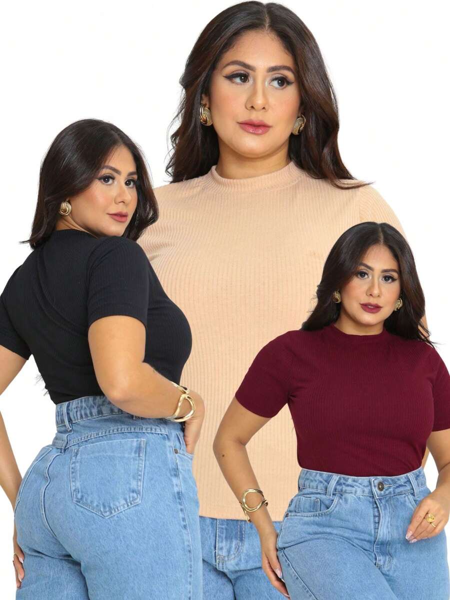 Kit 3 Women's Premium Ribbed Midi Collar T-Shirt - Lựa chọn 2 - Xem 1