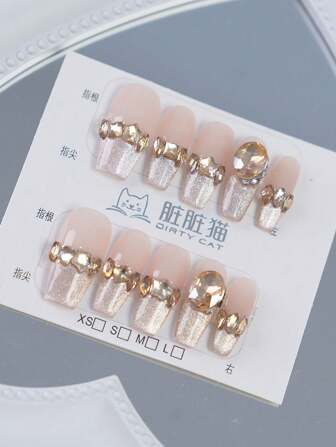 JIEYAN 10Pcs Diy Nail Art French Cat Eye Stone Decorations, Perfect For Manicure, Party, Wedding, Daily Wear - Includes Gel Polish & Nail File Press On Nails Nail Supplies Nails