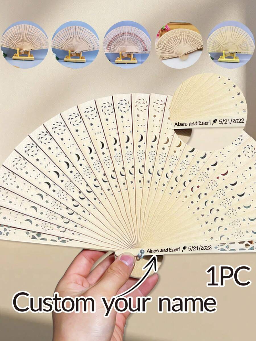 1 件个性化雕花木折扇木制折扇定制婚礼派对礼物装饰新娘送礼会礼物 - 風格3 - 查看 1