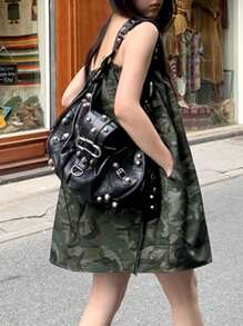 军绿色迷彩印花短款宽松背带裙