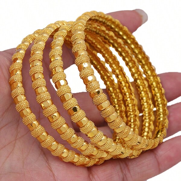 4pcs Set 24K Gold Plated Copper Adjustable Open Bangle Bracelets, Luxury Women Jewelry