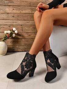 2024年初秋新款女士高跟網布花卉拼接靴（透氣），適合優雅性感的派對和日常使用，擁有粗跟和後拉鍊，展現時尚百搭的風格 - 黑色 - 查看 3