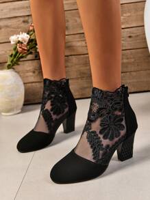 2024年初秋新款女士高跟網布花卉拼接靴（透氣），適合優雅性感的派對和日常使用，擁有粗跟和後拉鍊，展現時尚百搭的風格 - 黑色 - 查看 5