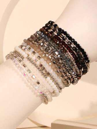 15 stks/set handgemaakte kralen Boheemse stijl kristal gelaagde armbandenset, geschikt voor dagelijks gebruik door dames en feest-/avondevenementen