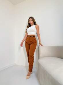 Women's Social Trousers Clochard Tailored Waist/With Belt/With Pockets/Cuffs With ZipperDD028 - màu nâu - Xem 5