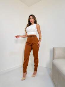 Women's Social Trousers Clochard Tailored Waist/With Belt/With Pockets/Cuffs With ZipperDD028 - màu nâu - Xem 1